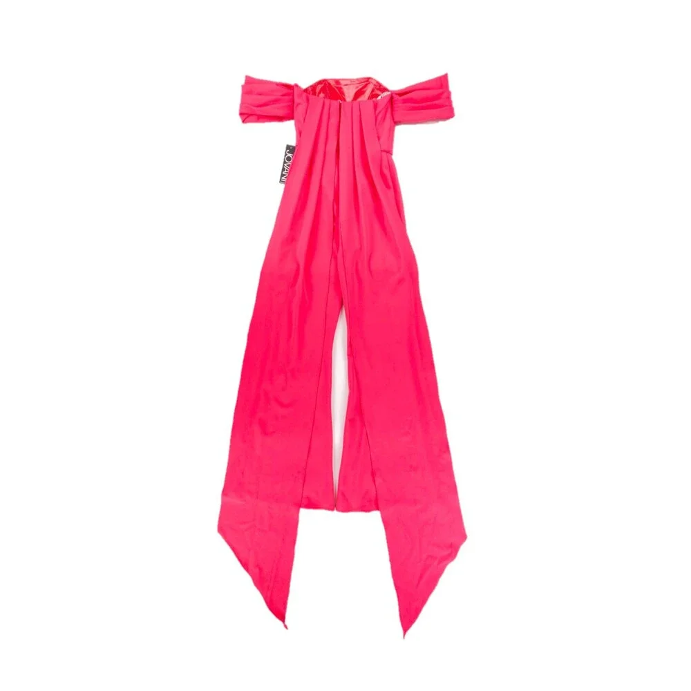 NWT Jovani 08209 Off-shoulder Straight Neck Draped Flare Jumpsuit Lipstick Pink - Picture 7 of 11